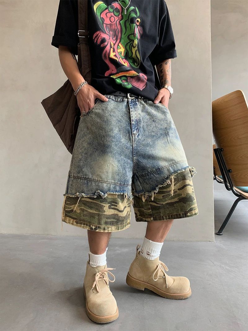 Pantaloncini in denim strappati da uomo, stile retrò, larghi e versatili, da strada_voghion.com
