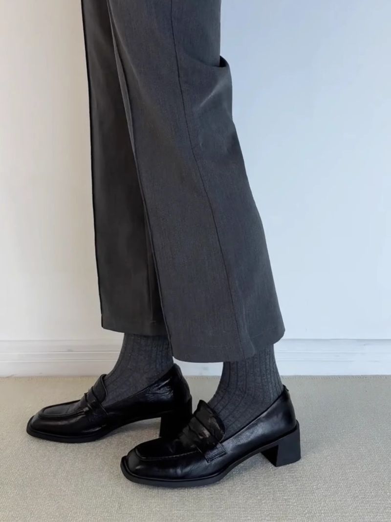 Mocassini Lancui Commuter 2025 Primavera con punta quadrata e tacco spesso, da donna, neri, senza lacci, con tacco medio_voghion.com