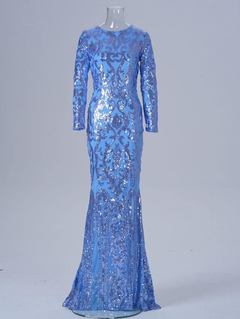 Damenbekleidung High-End Langarm Temperament Rundhalsausschnitt Sexy Lange Pailletten Bankett Abendkleid Brautjungfernkleid_voghion.com