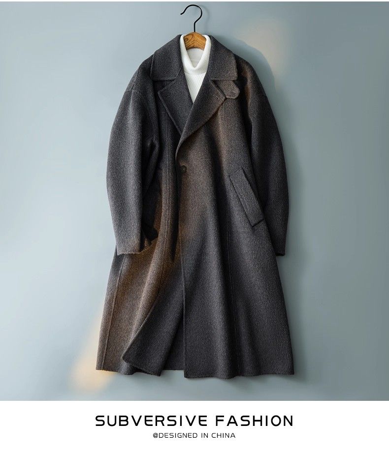 Double-Sided Coat For Men, Mid-Length, Korean Style, Loose Fit, Turn-Down Collar, Casual Full Wool Gray Trench Coat,_voghion.com