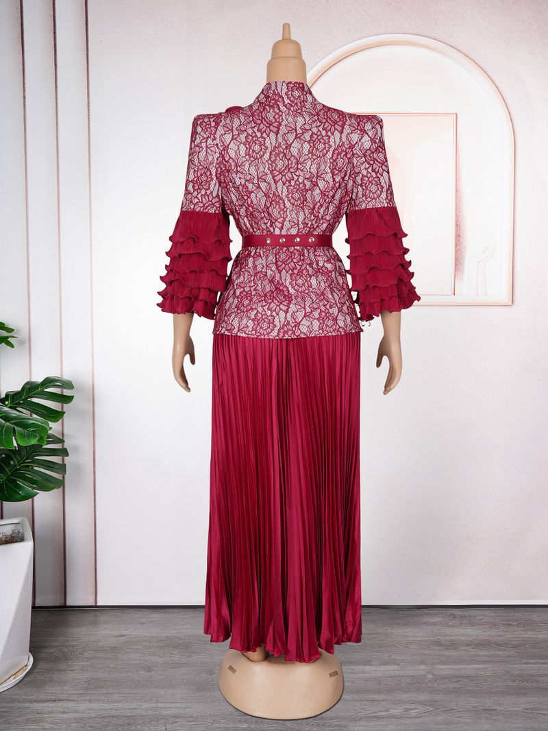 Robe longue élégante en dentelle à volants, ensemble 2 pièces, imprimé floral, robe de soirée avec taille péplum et manches courtes, robe d'invitée de mariage/tenue de bureau (rouge/bleu/nude)_voghion.com