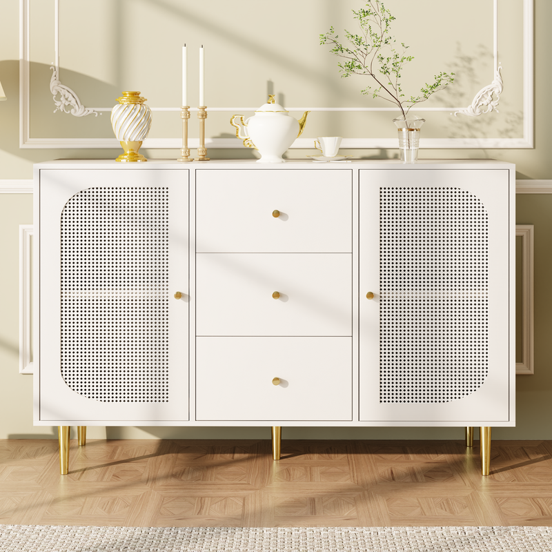Credenza Weiß 120x90cm Mit Rattantür, Schublade, Holzschrank_voghion.com