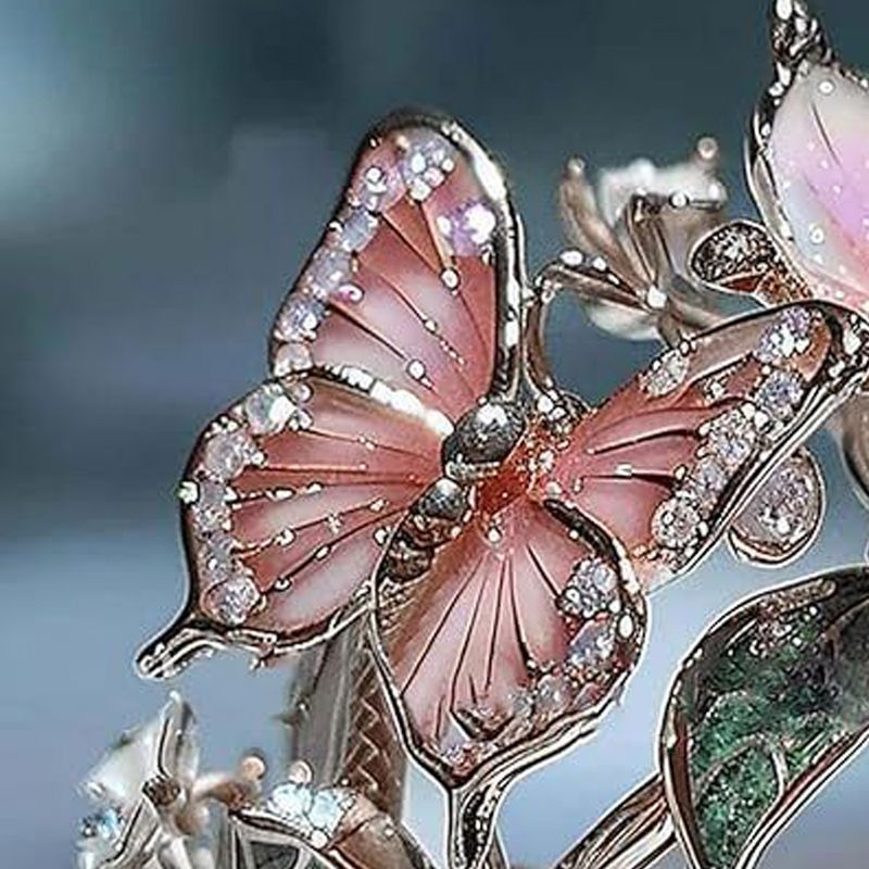 Ready Stock Damen Offen Verstellbar Rosa Vintage Mode Zarte Flash Diamant Tropfen Schmetterling Blume Ring Schmuck Geschenke Für Frau_voghion.com