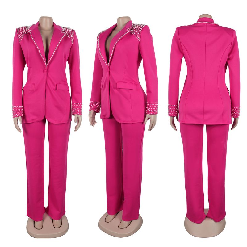 Traje de dos piezas ajustado de manga larga con perlas para mujer_voghion.com