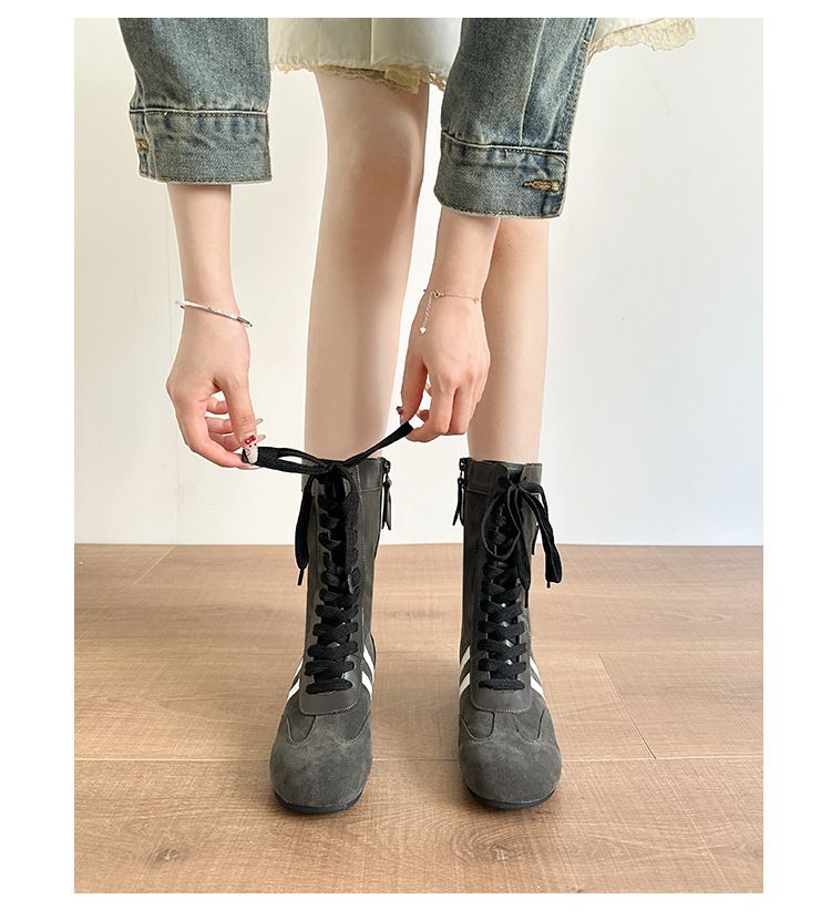 Kadın Ayakkabıları İnek Derisi İç Yükseklik Boks Botları Düz Tabanlı Eğlence Sporları Bağcıklı Martin Botları Kısa Botlar_voghion.com