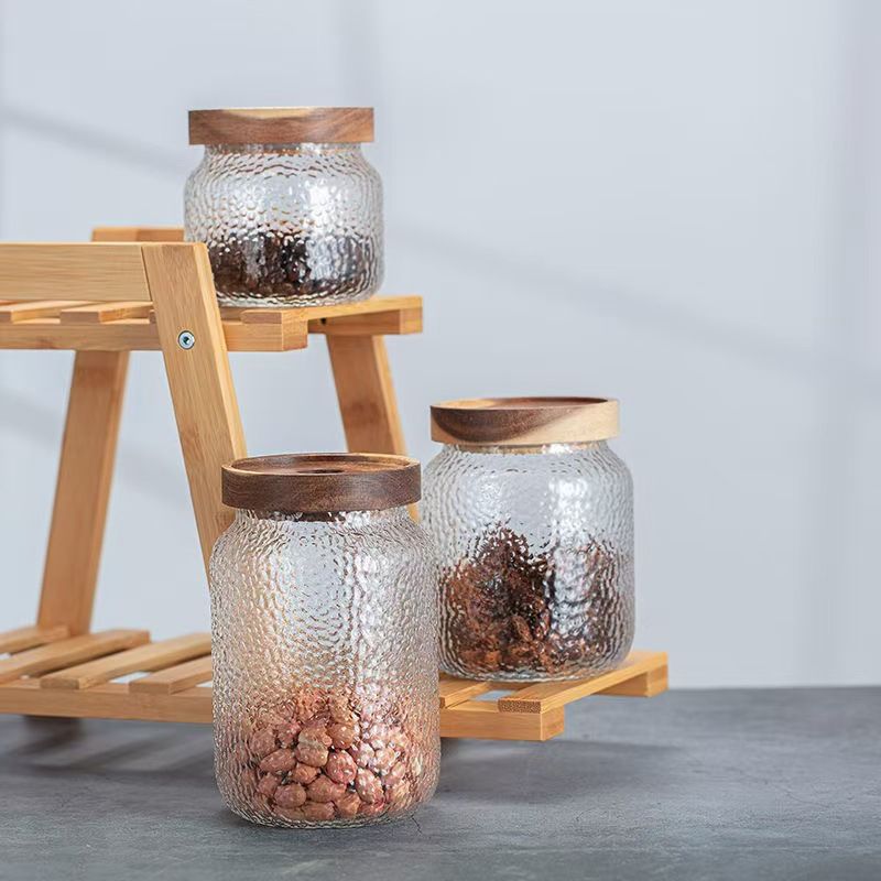 Vorratsdose aus gehämmertem Glas mit Deckel aus Akazienholz – luftdichter Behälter für Kaffee, Tee, Gewürze und Trockenwaren (dekoratives Schneeflockenmuster)_voghion.com