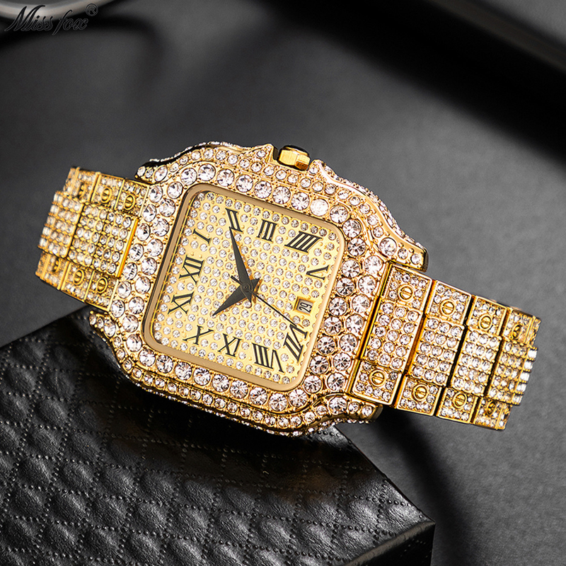 Men's Fashion Square Watch With Full Diamond Accents, Roman Numerals, And Quartz Movement - Waterproof, Stainless Steel Band, Mineral Glass_voghion.com