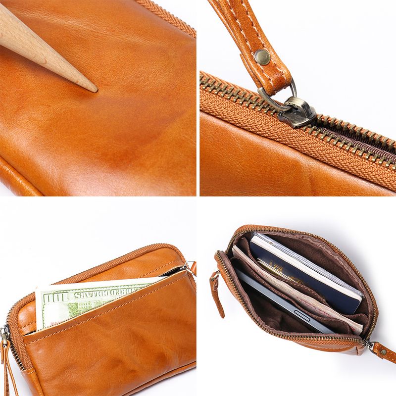 Genuine leather storage bag, key bag, high-end new vegetable tanned leather zipper handbag, cowhide zero wallet, large capacity card bag_voghion.com