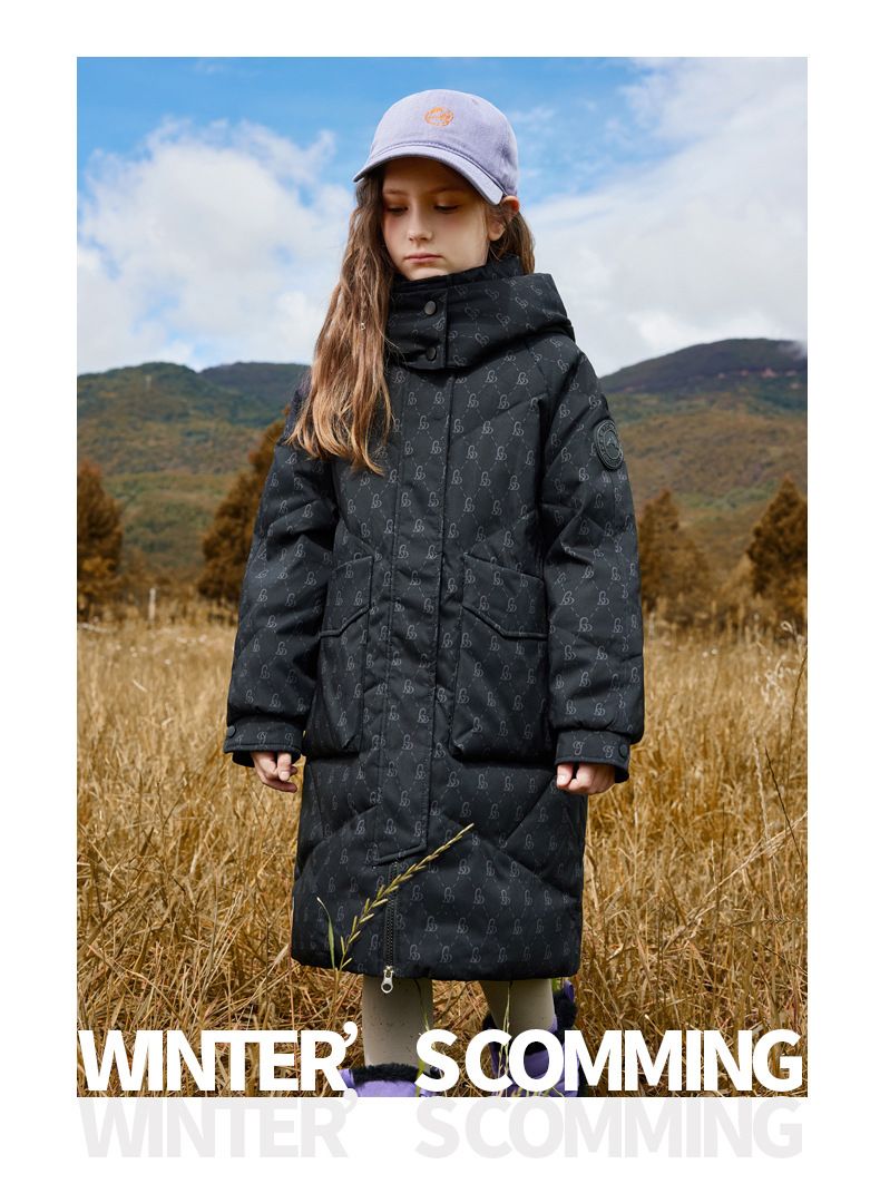 Girls' Long Puffer Coat With Hood - Warm Winter Down Jacket For Kids, 50% White Duck Feather, Stylish Design, Ages 8+ (Black/White/Pink)_voghion.com