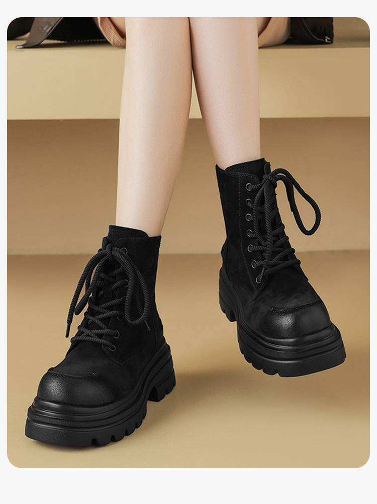 cameido Women's Thick-soled, Chunky-heeled Short Boots In Retro British Style, Lace-up. Martens Boots With Fleece Lining For The Autumn_voghion.com