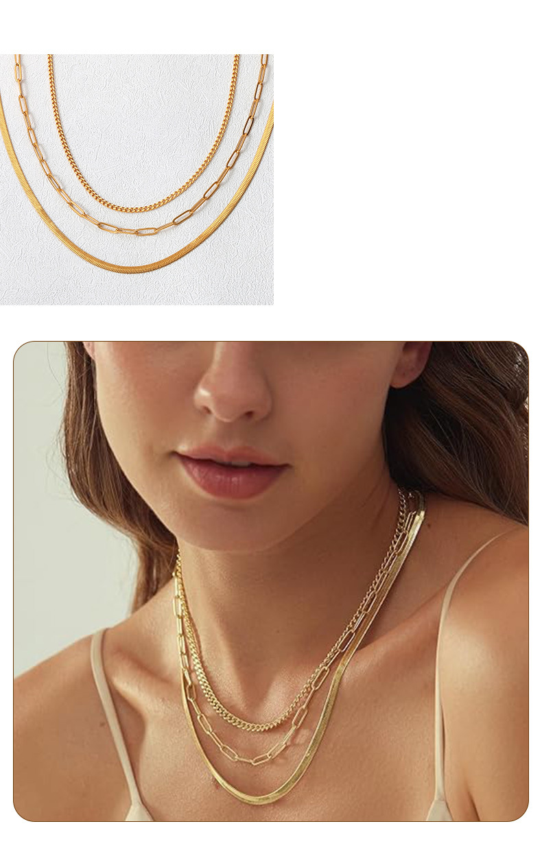 Women's Layered Plated Exquisite K Chain Herringbone Gold Necklace Set_voghion.com