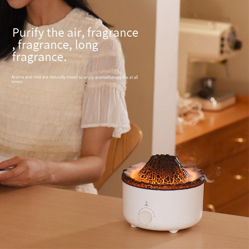 Volcano Flame Aroma Diffuser With Waterfall Mist & LED Mood Light – 560ml Large Capacity, Remote Control, 3 Nozzles, Crackle Finish, USB Powered_voghion.com