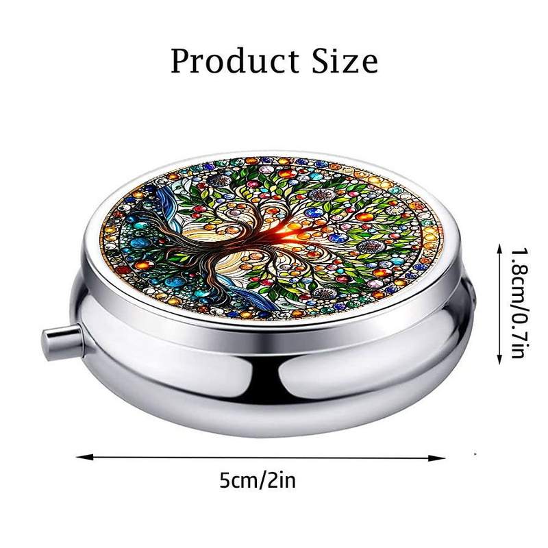 1pc "Money Tree" Mini Round Pill Box With 3 Compartments, Portable Metal Storage Organizer For Travel, Pockets & Purses - Unique Party Gift_voghion.com