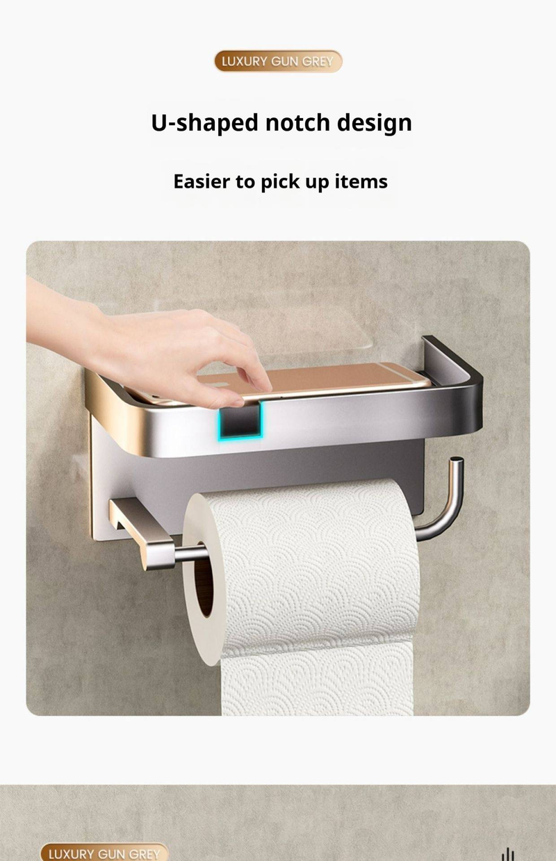 Portarrollos de papel higiénico de doble capa con soporte para teléfono, organizador de papel higiénico de pared, moderno dispensador de papel de aluminio_voghion.com