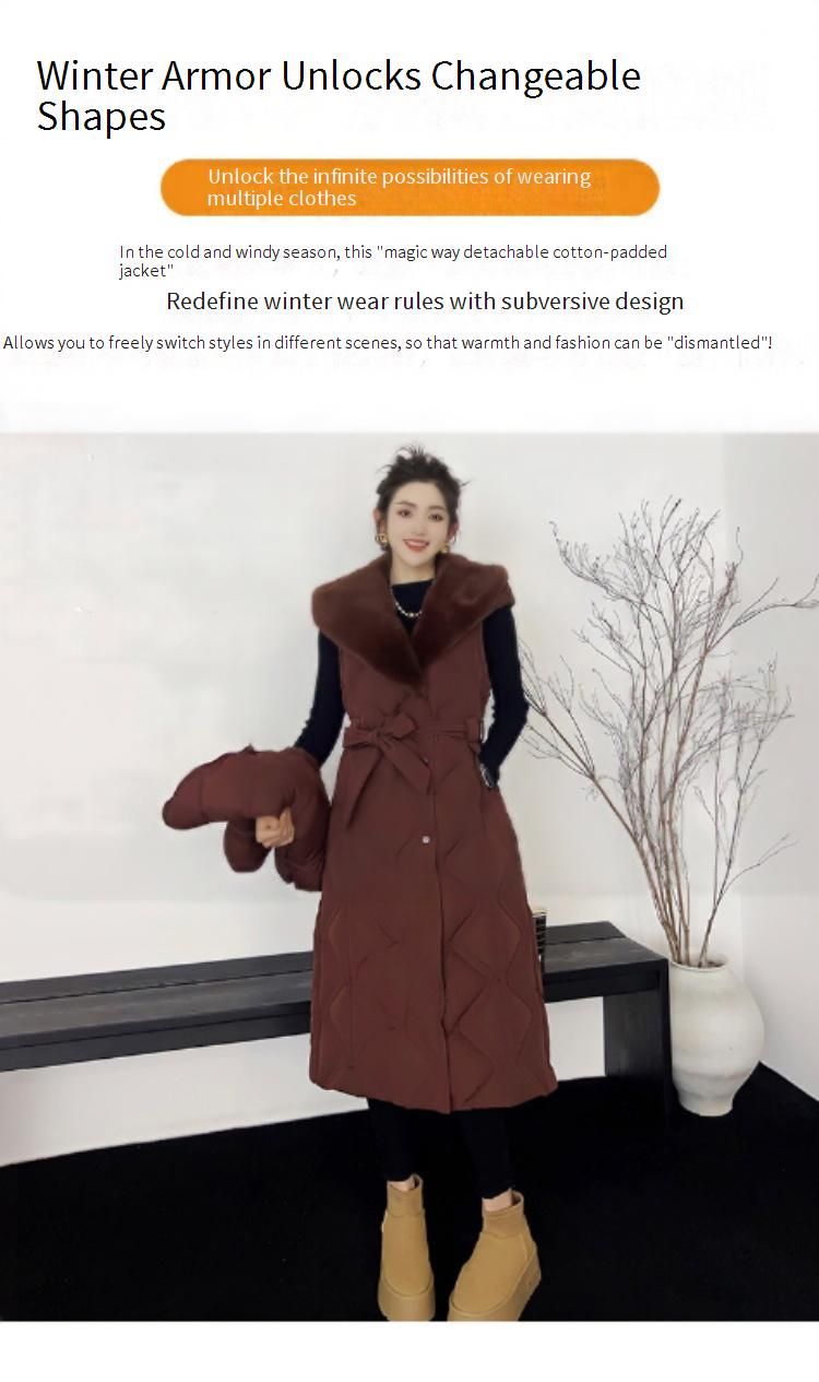 Casaco de algodão com mangas destacáveis, jaqueta longa feminina, acolchoada, quente de inverno, plus size, agasalho conversível com gola de pele sintética_voghion.com