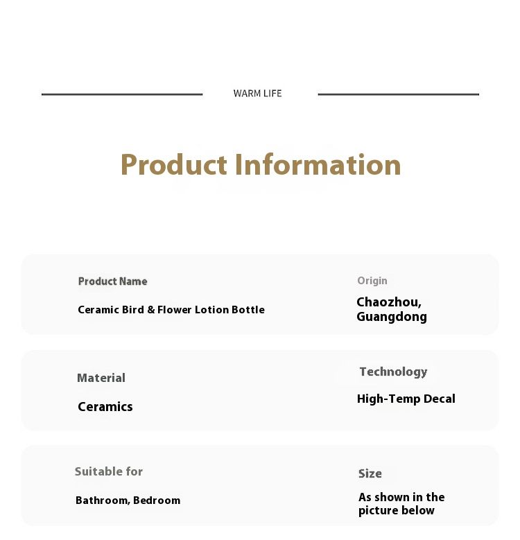 Dispenser per lozione in ceramica vintage - Design con uccellini floreali in bianco e nero (420 ml, finitura opaca, arredamento per hotel e casa)_voghion.com