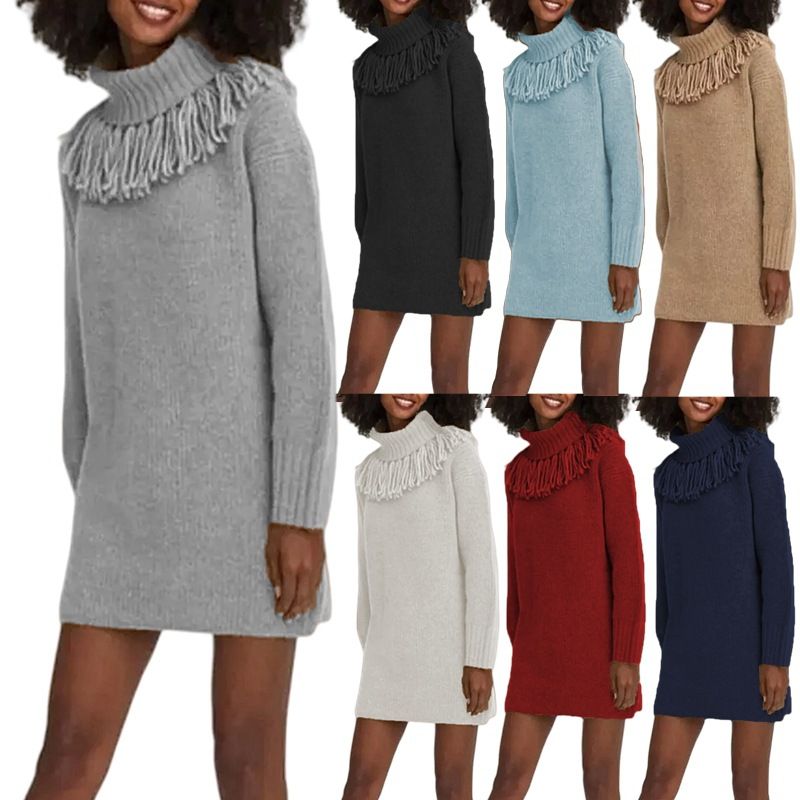 Maglione oversize con collo alto e frange – Abito tunica in maglia grossa (S-XXXL, 7 colori)_voghion.com