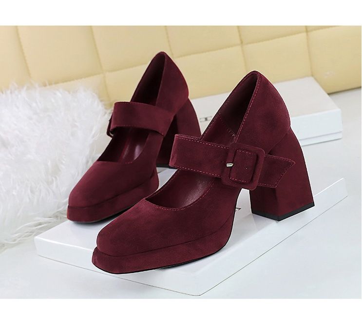 9613-6 style high thick heels, waterproof platform, suede, straight line with belt buckle, shallow mouth Mary Jane_voghion.com