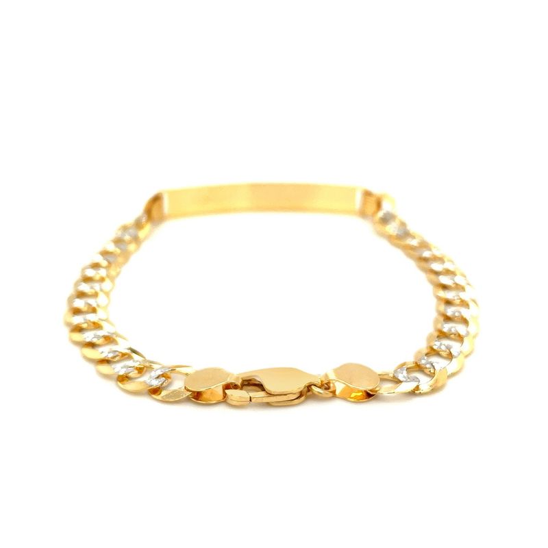 14k Two Tone Gold 8 1/2 inch Mens Narrow Curb Chain ID Bracelet with White Pave_voghion.com