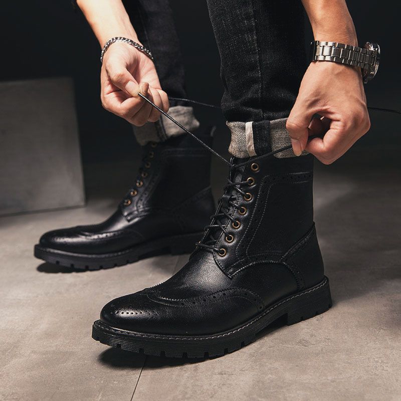 Euro Step, stivali alti autunnali in stile coreano, stivali medi cinesi Martin, scarpe brogue britanniche in pelle intagliata da uomo_voghion.com