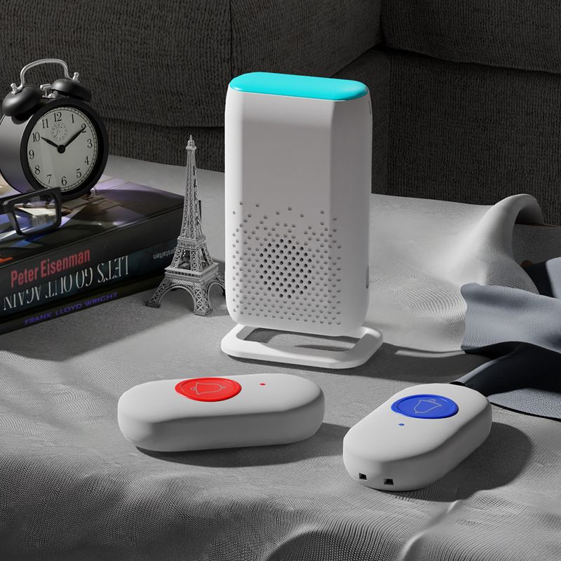 Timbre inalámbrico con 58 timbres, LED intermitente de colores y alerta por vibración. Alimentación CC de 5 V. Ideal para el hogar y el cuidado de personas mayores (botón rojo/azul opcional)._voghion.com