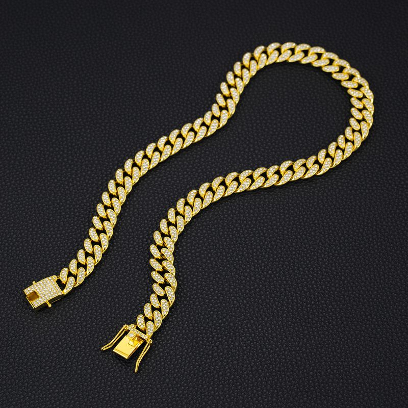 Surface Curved Polished Base 13mm Classic Cuban Chain Inlaid Diamond Alloy Hip-Hop American Style Men's Jewelry_voghion.com