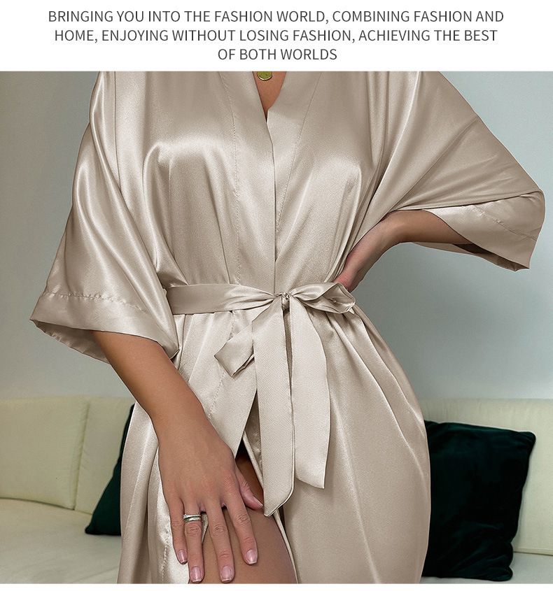 Women’S Clothing Sexy Silk Nightgown Casual Thin Home Wear Pajamas Simple Loose Cardigan Lace Up Bathrobe_voghion.com