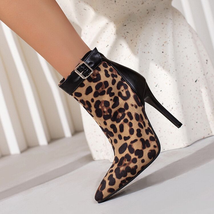 2022 European and American style pointed thin heel fashion women's boots leopard print short boots foreign trade large size color matching short boots_voghion.com