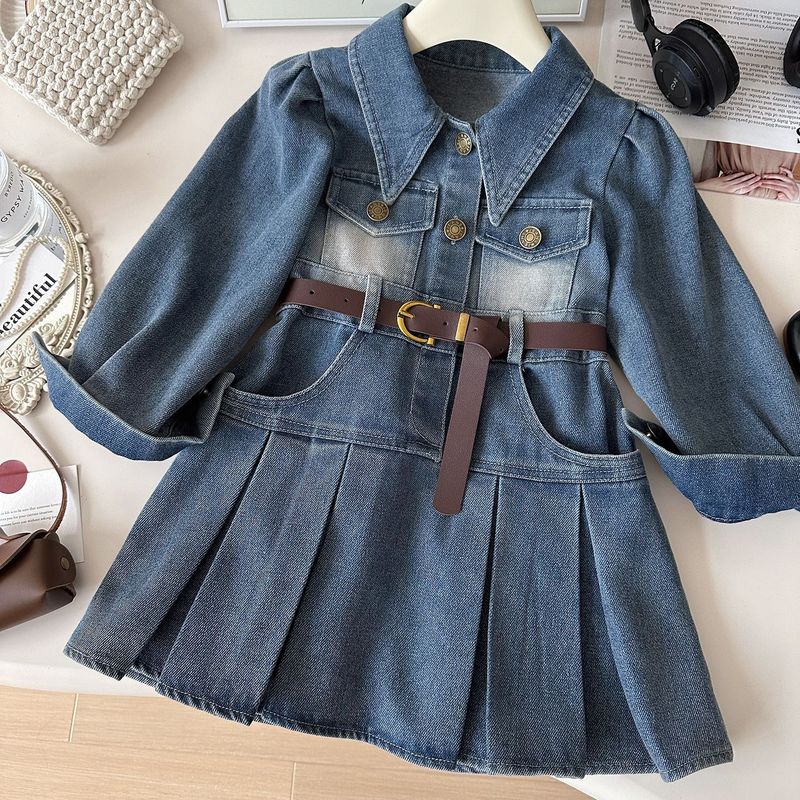 Kid's Clothing New Style Little Girl Fashion Denim Dress Long Sleeve Spring And Autumn Lapel Waist Denim Skirt Trend_voghion.com