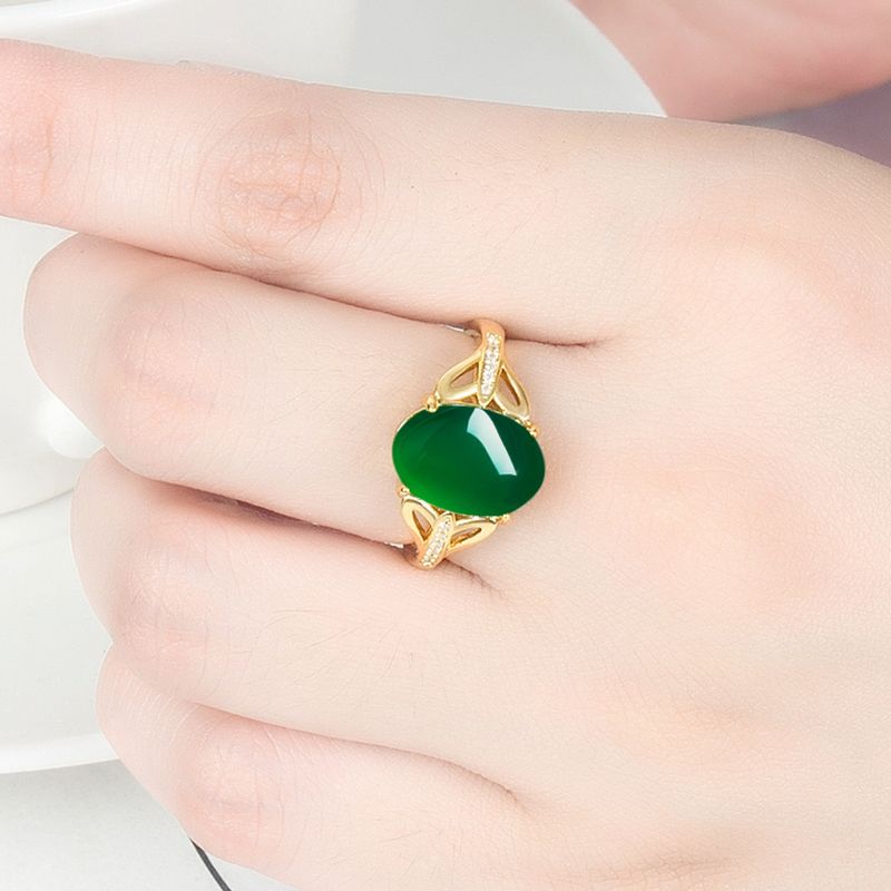 New Creative Green Agate Open Simple Diamond-Encrusted Ring Unisex Chalcedony Silver Jewelry_voghion.com