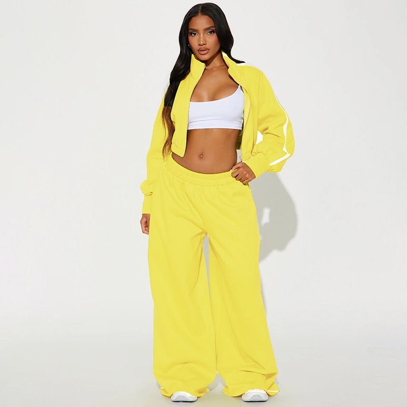 Completo tuta color-block alla moda: giacca con zip e pantaloni a gamba larga (blu/nero/giallo, taglie dalla S alla L)_voghion.com