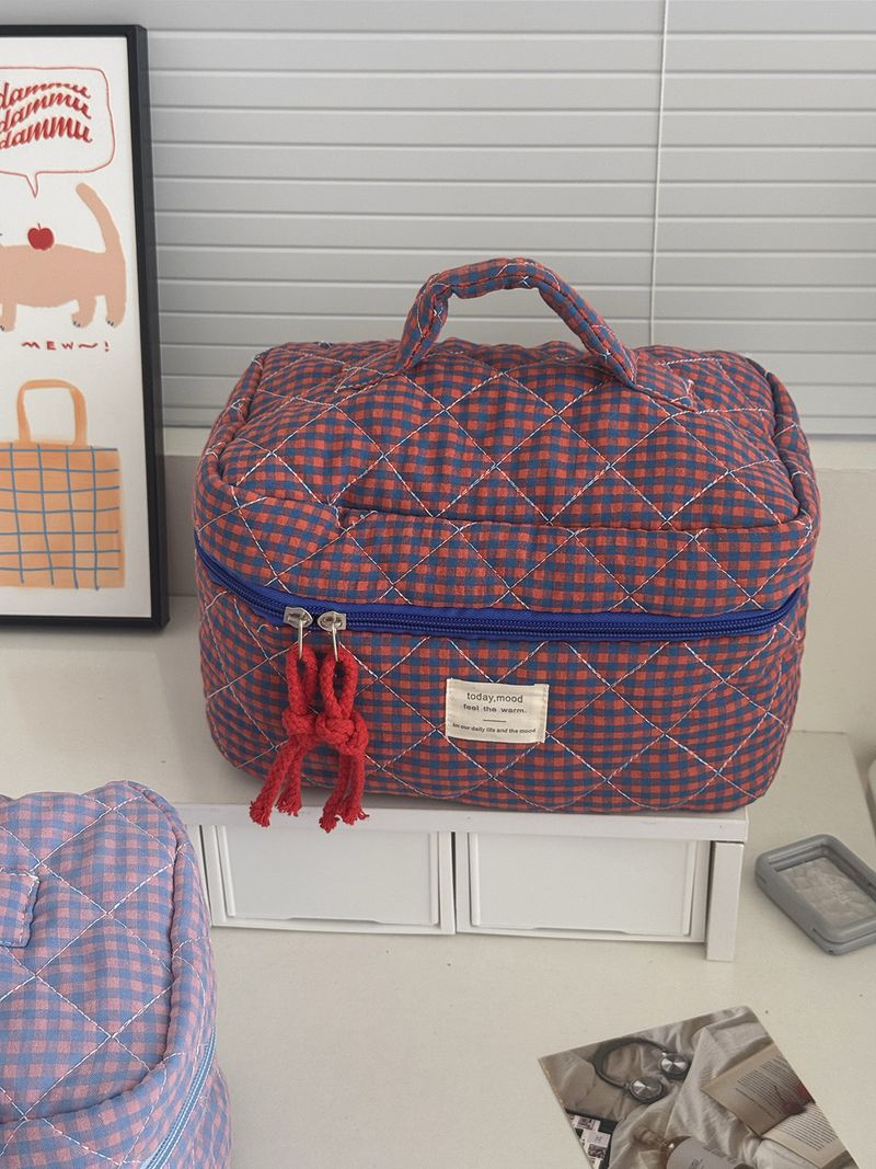 Kosmetiktasche in Kontrastfarbe mit Karomuster, hochwertige, neue gesteppte Aufbewahrungstasche, tragbare Hand-Kulturtasche mit großer Kapazität_voghion.com