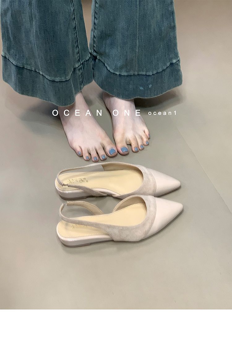Lancui Rear Air Texture Patchwork French Style Closed-Toe Sandals For Women Spring Summer New Apricot Versatile Pointed_voghion.com