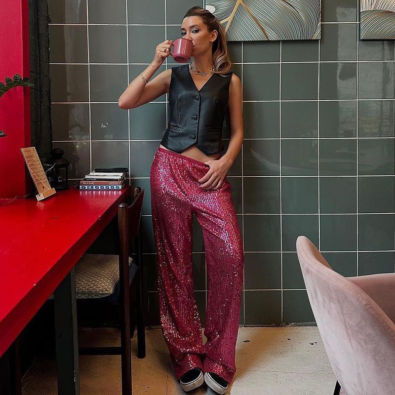 Ženska oblačila bleščeče hlače za prosti čas ohlapne ženske obleke nove široke hlače jesenska moda ravne široke hlače za prosti čas_voghion.com
