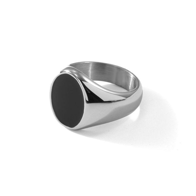 Anello Hip Hop da uomo in acciaio al titanio lucido con pietra nera rotonda in acciaio inossidabile_voghion.com