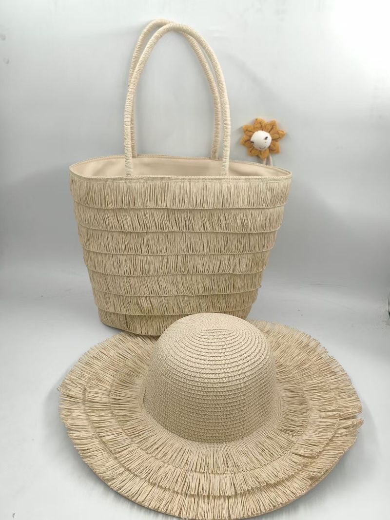 Borsa da donna in paglia rustica fatta a mano con nappa da spiaggia in stile francese, intrecciata_voghion.com