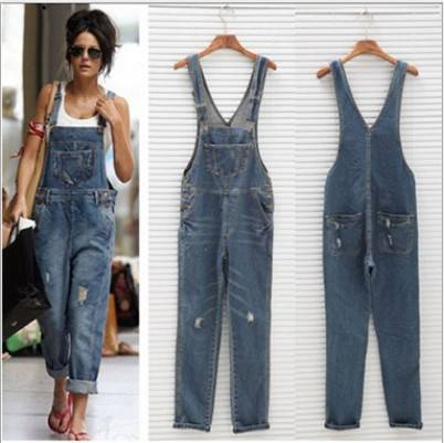 Dametøj vasket slim stretch frynsede denim overails jeans _voghion.com