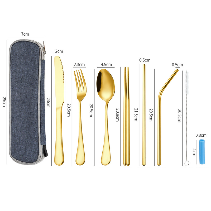 Set di stoviglie in acciaio inossidabile portatile da 7 pezzi, coltello, forchetta, cucchiaio, bacchette, cannuccia, per viaggi all'aperto, lavoro, studenti_voghion.com