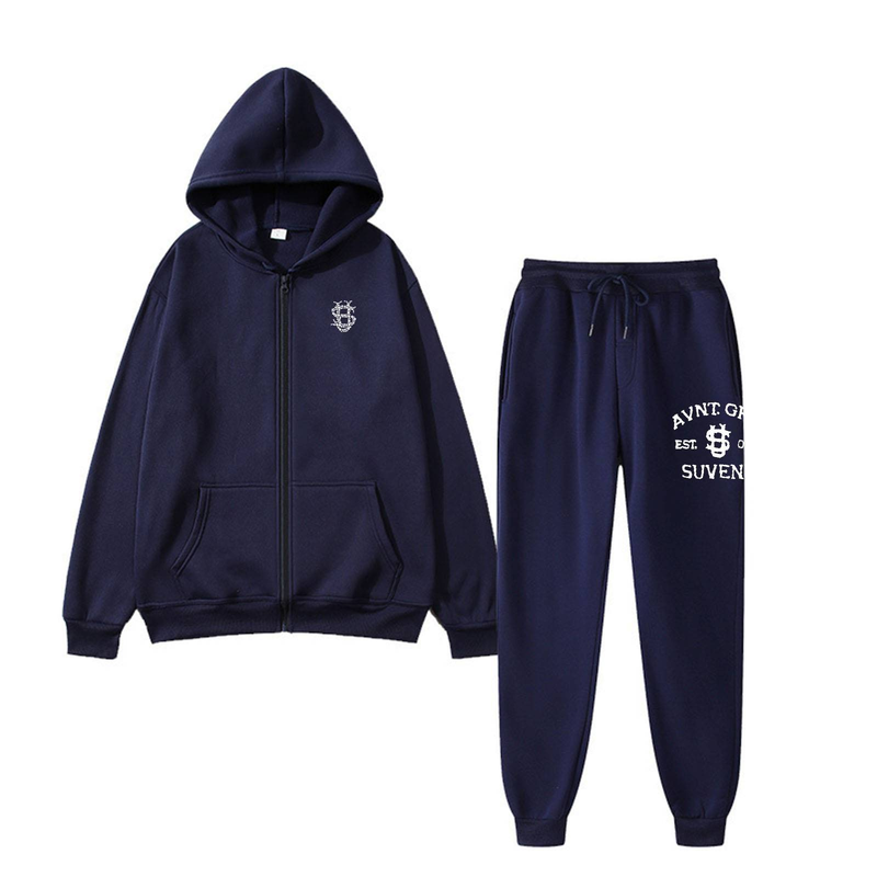 Conjunto de sudadera y pantalón de polar con cremallera para hombre: traje informal con estampado para primavera y otoño._voghion.com