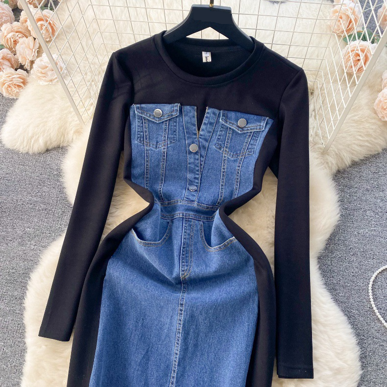 Nischen-High-End-Rundhalsausschnitt, gefälschtes zweiteiliges gespleißtes Jeanskleid, schmaler, schmaler langer Rock_voghion.com