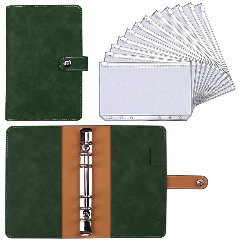 Caderno A6 de couro PU com mecanismo de 6 argolas, inclui 12 bolsos com zíper e 16 adesivos – perfeito para orçamento, diário e organização_voghion.com
