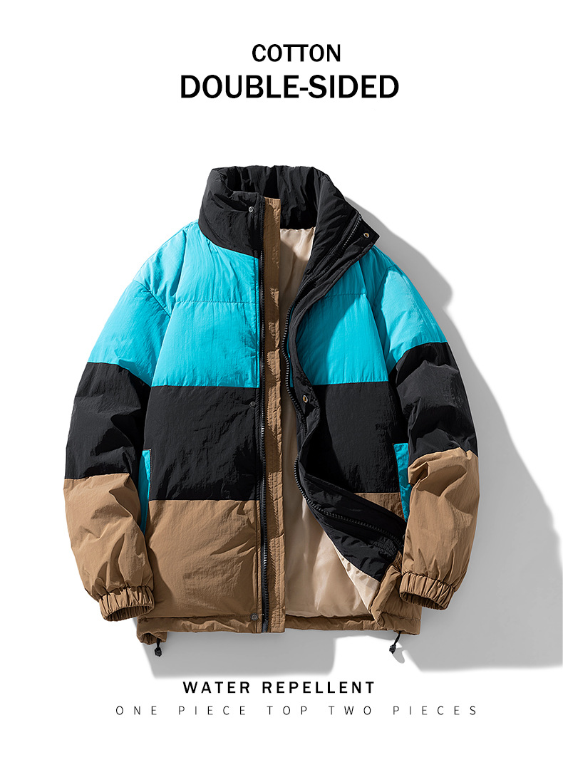 Gepolsterte Winterjacke für Herren mit Stehkragen, Farbblock-Design, dicker Polyesterfüllung, lockerer Passform, lässiger Streetwear-Mantel_voghion.com