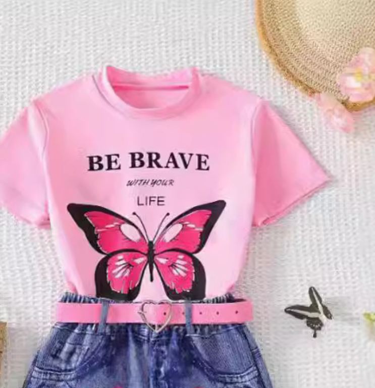 Conjunto de top con estampado de mariposas y pantalón con efecto denim para niña: conjunto suave y elegante de 2 piezas (2-3 años, 4 años, 5 años, 6 años, 7 años)_voghion.com