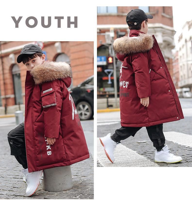 Mother & Kids Boys' Long Down Jacket Winter Warm Hooded Coat With Soft Touch, Korean Style Letter Print, Water-Resistant, 50% White Duck Feather_voghion.com