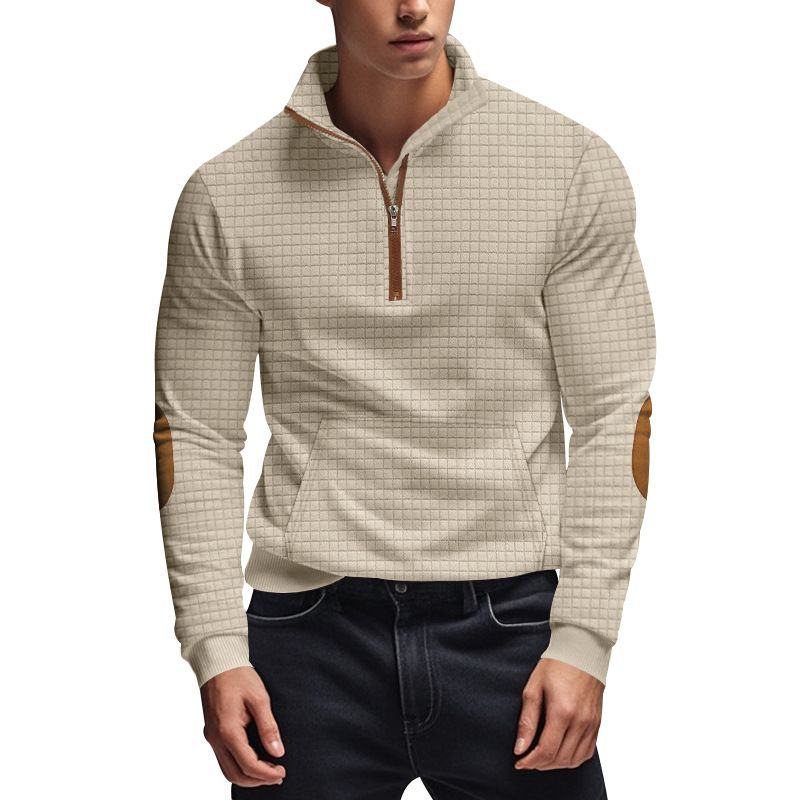 American Style Autumn Winter Men's Casual Sweatshirt Jacquard Small Square Embroidery Patchwork Stand Collar Loose Top_voghion.com