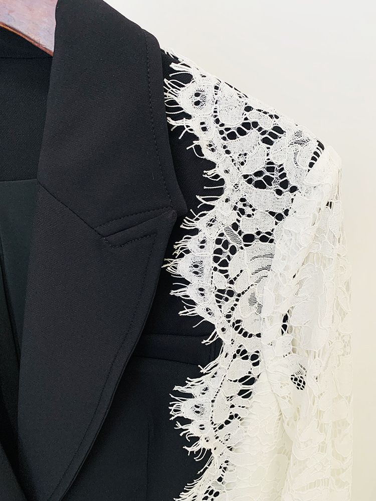 Kadın Giyim yıldızı moda ince kesim tek düğmeli kontrast renk dantel ekleme takım elbise ceket_voghion.com