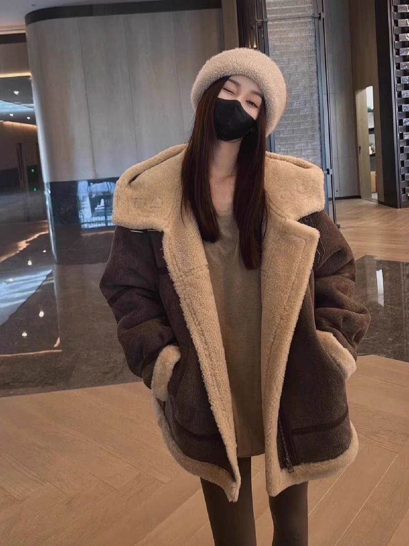 2024 New Melad Coffee Color Sheepskin Mid-Length Hooded Shearling Coat For Women Autumn Winter_voghion.com