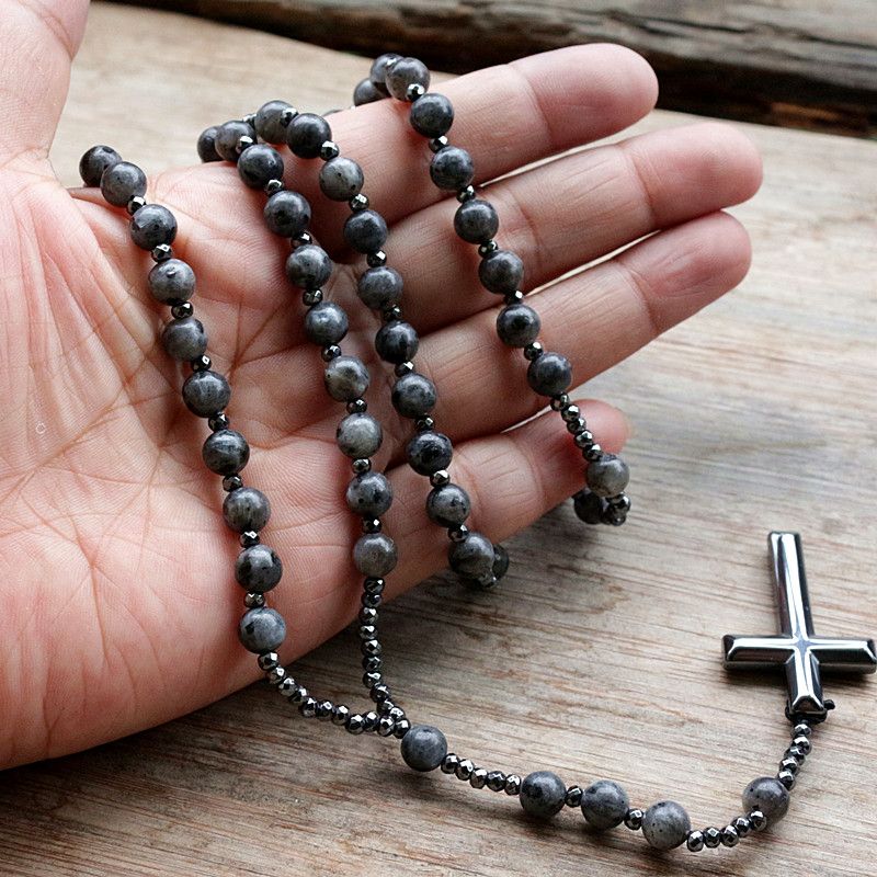 Vente chaude 6mm Lapis Lazuli Pierre Perle Hématite Pour Hommes Femmes Catholique Christ Chapelet Croix Pendentif Collier Dropshipping_voghion.com