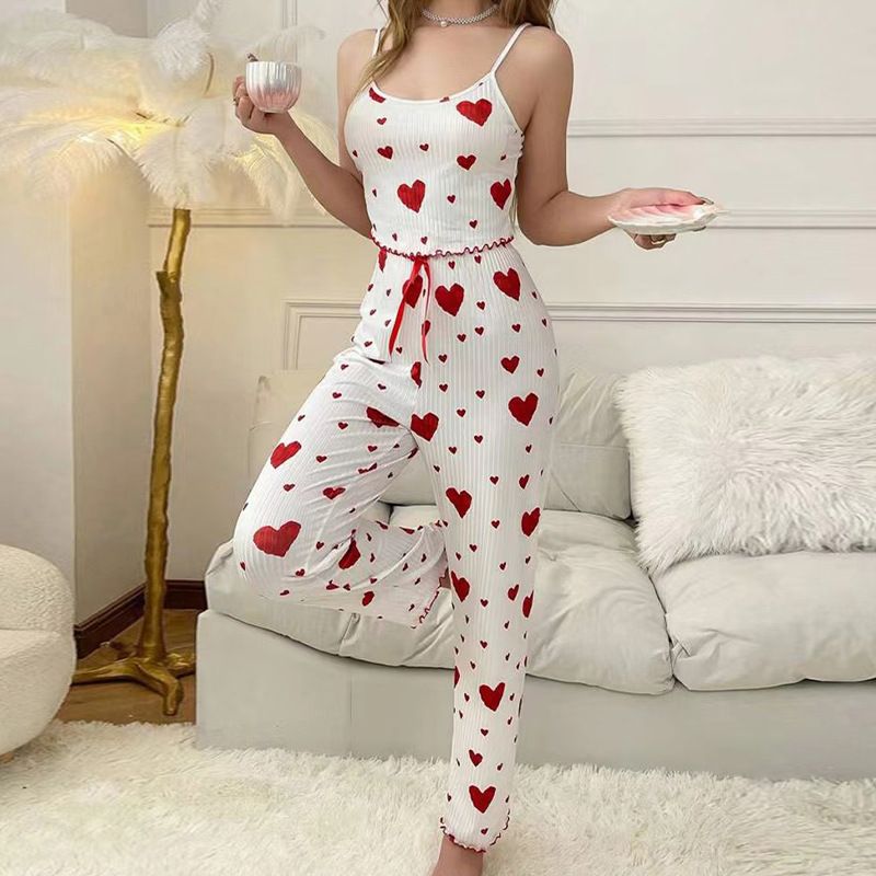 Damen-Schlofkleeder Heemkleeder mat geripptem Love Strap Weste Pamas fir Fraen, déi baussen Hosen gedroe kënne ginn_voghion.com
