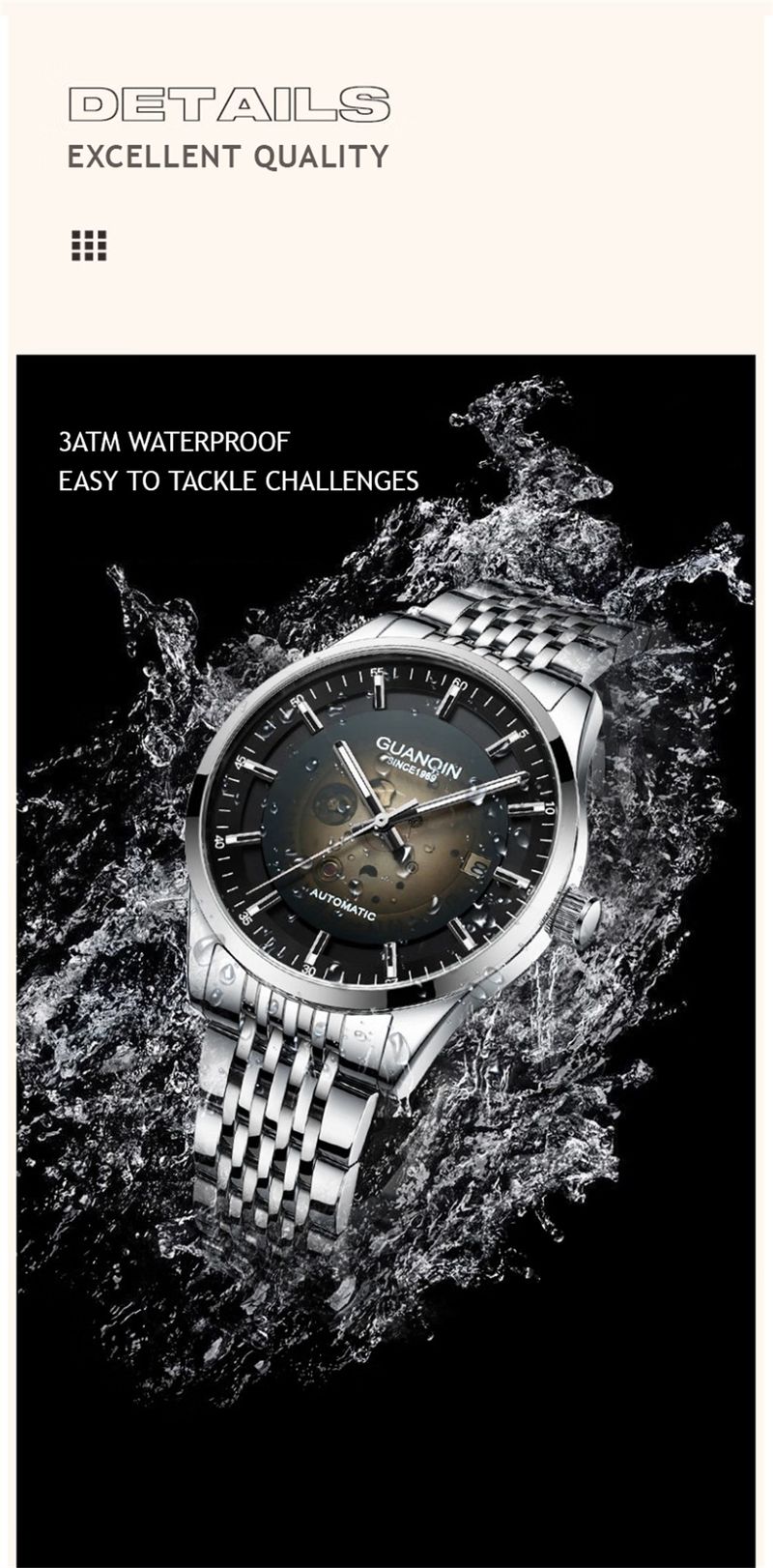 Orologio da uomo di lusso GUANQIN in acciaio inossidabile con data e movimento meccanico automatico giapponese Miyota._voghion.com